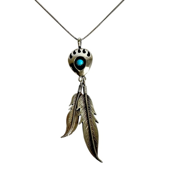 Native American Turquoise Necklace Running Bear Paw Claw Feather Sterling Silver - Picture 1 of 10